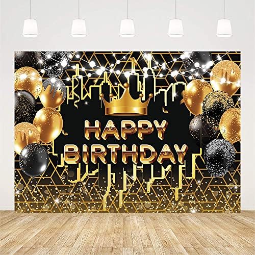 Sendy Sendy 7x5FT Crno zlato Sretan rođendan Backdrop za muškarce Žene Glitter Bokeh Spot Balloons City Crown Kraljevska ceremonija