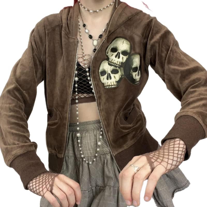 Argeusgor Žene Grafički zip UP Crop Hoodie Vintage lobanje kostur s kosturice s kosturice, jakna s dugim rukavima