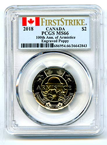 2018 CA Kanada Toonie Armistice ugravirani poppy Prvi štrajk Najbolje populacije kovanica 2 ms66 pcgs