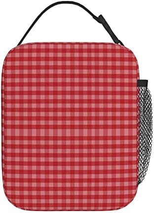 Tamnocrvena Gingham torba za ručak Žene Muškarci, prijenosni Zipper slatka izolovana torba za ručak, hladnjak za pripremu obroka za višekratnu upotrebu, kutija za ručak za odrasle za radni kancelarijski školski piknik na otvorenom