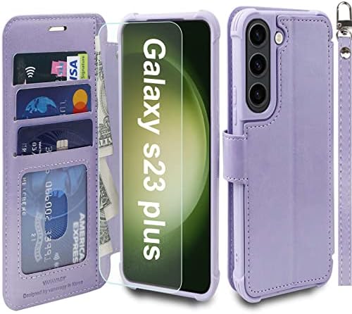 VANAVAGY Galaxy S23+ Plus 5G torbica za novčanik za žene i muškarce, Galaxy S23+ Plus Flip kožna torbica za mobilni telefon podržava bežično punjenje sa držačem kartice i ručnikom,karanfilić ljubičasta