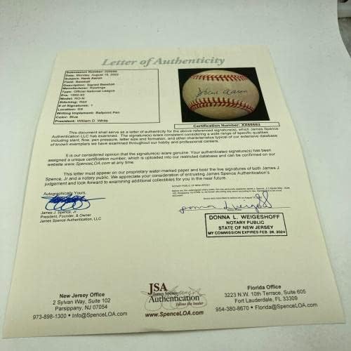 Lijep Hank Aaron potpisao službenu bajzbol nacionalne lige JSA COA - autogramirane bejzbol