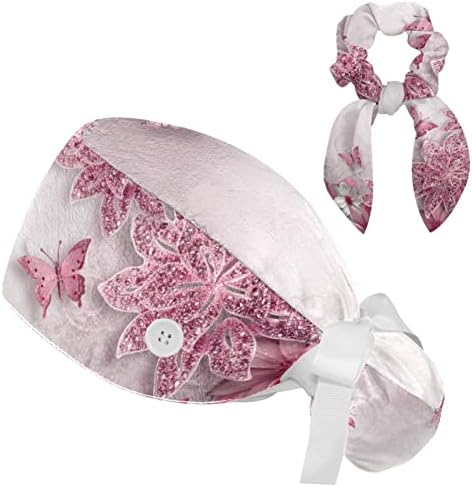 Ružičasti leptir i cvijeće Radni šešir Podesivi kape za piling sa tipkama i luk kosu za medicinsku službu za medicinsku medicinu i ljekaru