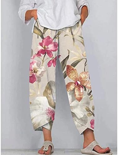 UKTZFBCTW Ženske vrećice Veliki cvjetni printirani pantalone za fitness Elastična struka Široke noge Dvije džepne hlače Sportske odjeće-5