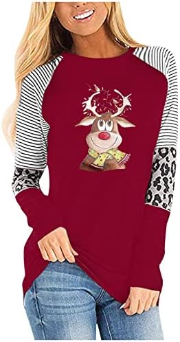 Xiaojmake majice s dugim rukavima za žene Božićne Crewneck Raglan Striped T majice Loše udobne vježbe Boja blok Tunike vrhovi