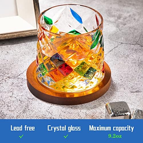Dijamantsko obojeno kristalno staklo za viski, Staromodno staklo koje se može rotirati za 360 stepeni, kamene naočare, sa podmetačima
