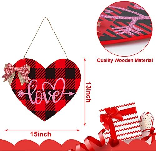 Znakovni znak za Valentinovo, drveni crveni i crni bivolski viseći viseći viseći viseći viseći vješalica za vrata u obliku srca blistaju