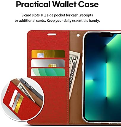 GOOSPERY Canvas dizajniran za Apple iPhone 13 Pro novčanik slučaj, Premium Denim tkanina & amp; magnetno zatvaranje [3 kartice & amp; 1 strani Cash Pocket] [Standing Feature] držač kartice za iPhone slučaj, Crvena
