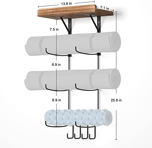 Yoga Mat Holder Accessories zidni nosač Organizator Storage Decor Foam Roller i stalak za peškire sa 4 kuke i drvene police Yoga Mats