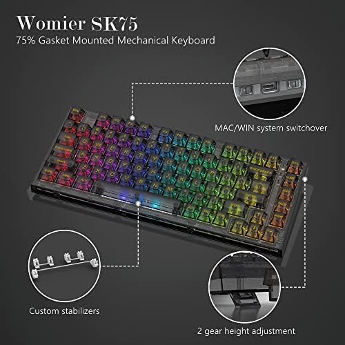 Womier SK75 75% prilagođena tastatura-Transparentnost tastatura za igre, vruća zamenljiva mehanička tastatura + odvojivi Aviator namotani