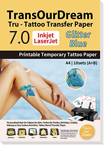 TransOurDream Blue Printable privremeni Tattoo transfer papir za Inkjet & amp; laserski štampač DIY personalizovane privremene tetovaže za kožu sa sjajnim plavim efektom