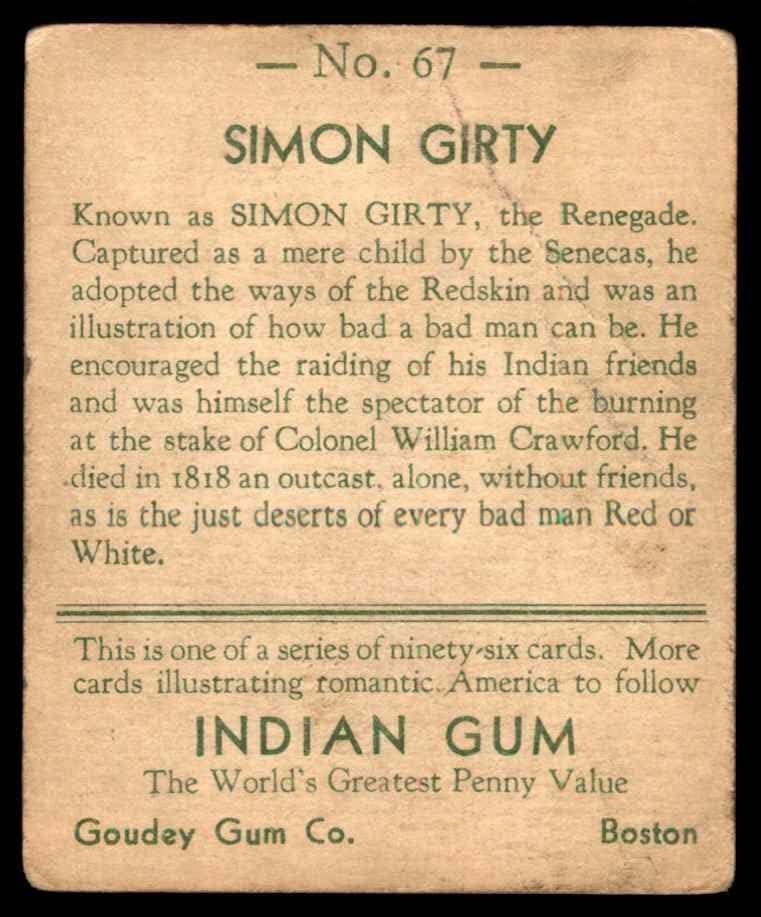 1933 Goudey indijska guma # 67 Simon Girty Good