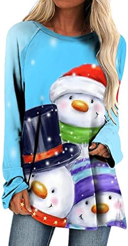 Ženske Božić tunike Tops Dugi rukav okrugli vrat majice Casual Loose Fit Santa snjegović štampani Tee Shirt za helanke