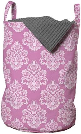 Ambesonne Pink torba za veš, zamršeni motivi cveća latice i listovi Retro renesansna pločica, korpa za korpe sa ručkama zatvaranje Vezica za veš, 13 x 19, bledo roze roze