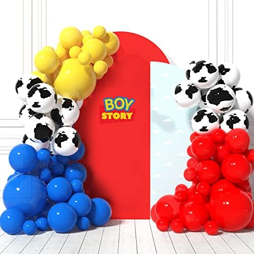 Kuća partijskog drvenog balona luka - 110 kom igračka nadahnuta priča s crvenim, žutim, plavim i kravljem balonima za tisak za rođendan