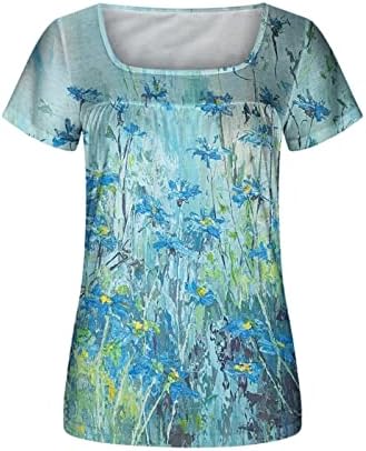 Qcemeni tunički vrhovi za žene kratki rukav Pleated Square Chert majice Grafički cvjetni ispis Bluuses Ljeto Tvrsto ležerna košulja
