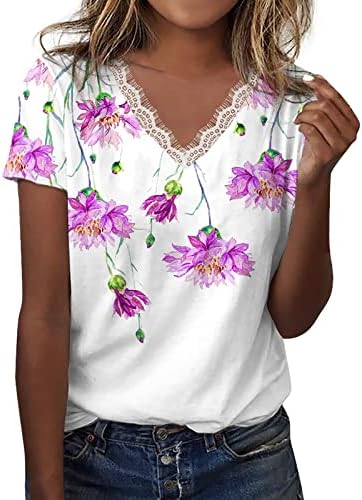 Košulje s kratkim rukavima za teen djevojke čipke V izrez cvjetna košulja od raglan tee majica Trendne tuničke majice S-2x