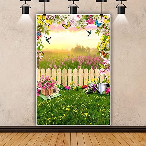 Pozadina prolećne bašte Yeele 8x10ft prolećna Uskršnja fotografija pozadina zelena trava travnjak šareno cveće leptir pozadine drvena ograda pozadina devojčice deca rođendanski portret rekviziti