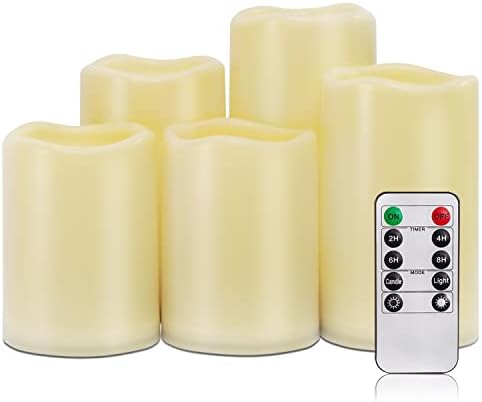 Homemory vodootporne sveće bez plamena, spoljašnje unutrašnje sveće sa LED stubovima na baterije sa daljinskim upravljačem i tajmerom, plastične, dugotrajne, D3 x H4 5 6, Set od 5