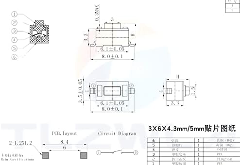 1000pcs 3 * 6 * 4,3 mm 2pin SMD DC12V 50mA Tact prekidač Pritisnite dugme Touch Micro prekidač 3x6x4.3mm Bijelo dugme