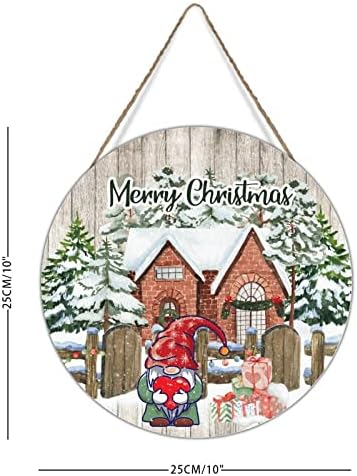 Božićna vijenac u obliku vrata veseli božićnu farmu gnome drvo plaketa seoska kuća zimsko snijeg drvena umjetnička ploča sretna nova godina znak za igraonica igraonica 10x10in