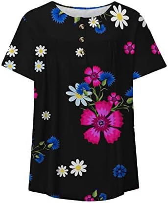 Žene vrhovi Trendy cvjetni tiskani Henley majica Labavi fit tees Ljetna casual tunika kratkih rukava za nošenje sa gamašima