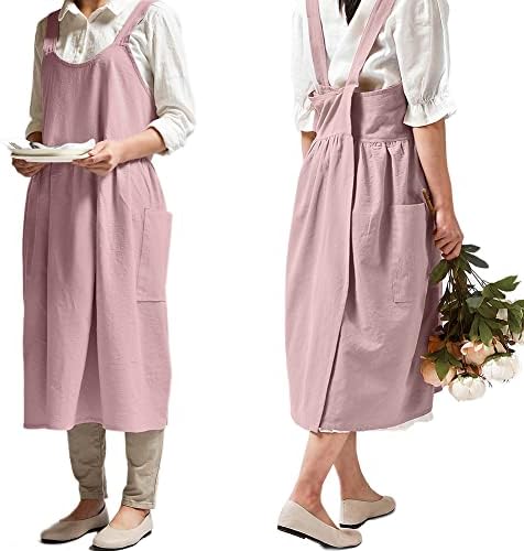 Newgem pamučna posteljina pregača za žene sa džepovima slatka japanska korejska stila Pinafore haljina ružičasta