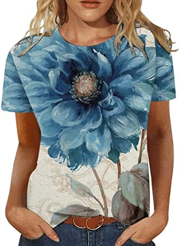 Bluza Žene kratki rukav pamuk CrewNeck vrat za čamac Grafička mastila Ispis Floral Lounge bluza Košulja Djevojke XN