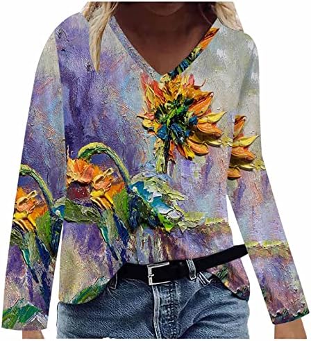 Bluza za dame dugih rukava dubok V izrez Sunflower Daisy cvjetni print tisak tinejdžerke 2023 ze