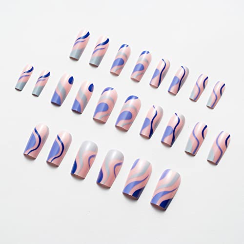Winnwing Press na noktima sa dizajnom Extra Long Glossy akril lažni nokti Full Cover Blue Pop Swirls Stripes Ballerina lažni nokti