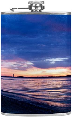 Hip tikvica za tečnost od nerđajućeg čelika nepropusna sa levkom 7.7 Oz kožna navlaka odlična poklon ideja tikvica - Sundown Summer Beach Blue