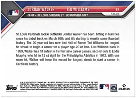 2023 TODAN WALKER i TED Williams # 87 -RC Rookie 20-godišnja kravata za Hall-of-Fameer za hit streak za početak MLB karijere - 4/93 - bejzbol trgovačka kartica - St. Louis Cardinals Boston Red Sox- Kartica isporučena u zaštitnom držaču za vijak.