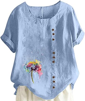 Ženska pamučna posteljina okrugla ovratnik vrhove ljetne plaže cvjetne bluze plus veličine Henley majica casual majica kratkih rukava