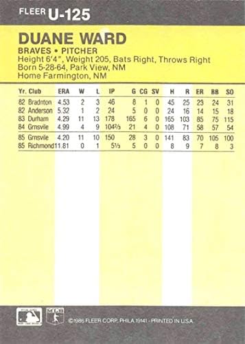 Update fleer 1986 U-125 Duane Ward NM-MT RC Atlanta Braves bejzbol
