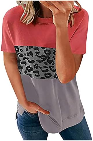 Ljetne ženske boje blok t košulje posade vrat tunika vrhovi leopard kontrastne majice Bočni prorez pulover dressy bluze
