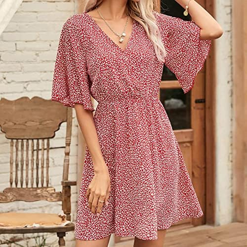 gakvbuo ženski cvjetni Print kratki rukav V izrez Mini haljina smotana ljetna labava kratka haljina linija lepršava ljuljaška haljina na plaži