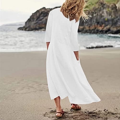 ADHOWBEW ženska Ležerna pamučna posteljina bez rukava Plus Size Maxi haljina sa džepovima