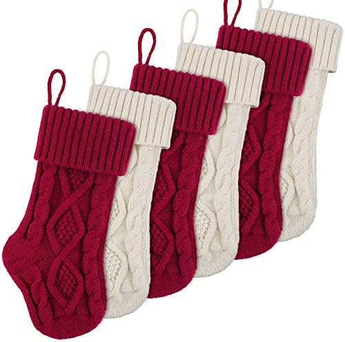 Meriwoods Božićne čarape, 6 pakovanja 15 inča mali kabel pletene čarape, rustikalni Xmas Seoski ukrasi za obiteljska kuća za odmor Početna Dekor, Burgundija Bijela i krema