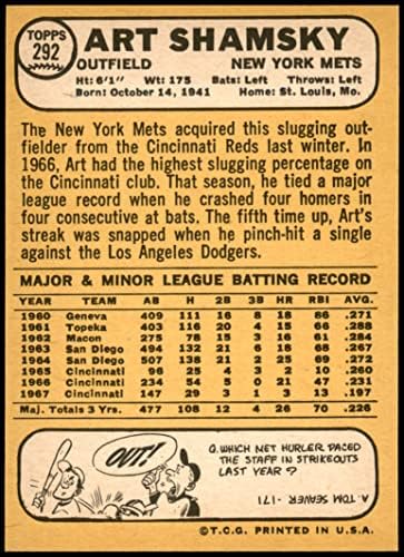 1968 FAPPS # 292 Art Shamsky New York Mets Nm / MT + Mets