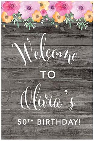 ANDAS Press Personalizirani Extra Veliki rođendanski resel Party Sign, 12x18-inčni, rustikalni sivi drveni ružičasti cvjetni cvjetovi, dobrodošli u Olivia's 50. rođendan, 1-pakovanje, po mjeri dob