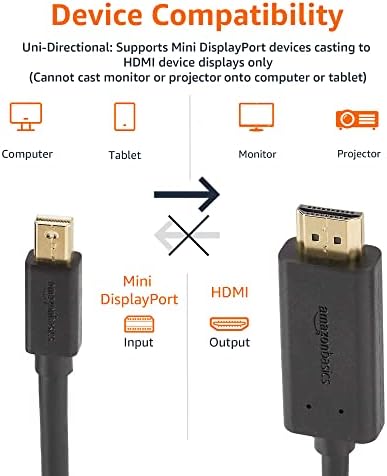 Osnove a Mini DisplayPort muški na HDMI muški kabl, 1080p, pozlaćeni utikači, 6 stopa, Crna