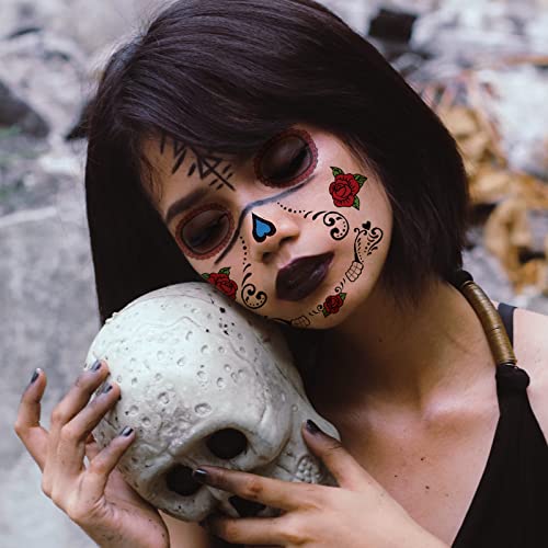 Dan mrtvih lica - 8 listova Halloween Privremene tetovaže naljepnica za lice KIT DÍA DE LOERERTOS GLITTER CRVENE ROSES SKELETON Šećerna