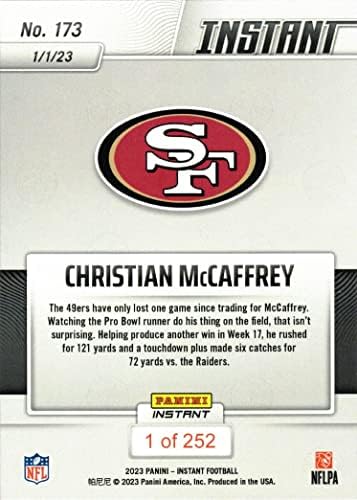 2022 Panini Instant 173 Christian McCaffrey Football Card 49ers - samo 252 izrađen