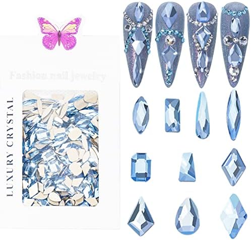 HNUIX 300kom kamenčići za nokte svijetloplavi dragulji za nokte 10 stilova Pomiješajte više oblika sjajni dijamanti 3D stakleni Kristal