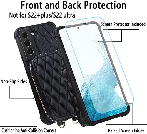 Monasay Zipper torbica za novčanik za Galaxy S22 5G 6.1 in, [zaštitnik ekrana ][RFID Blocking] Flip kožna torbica Navlaka za telefon sa držačem kartice & amp; traka za preko ramena, Crna