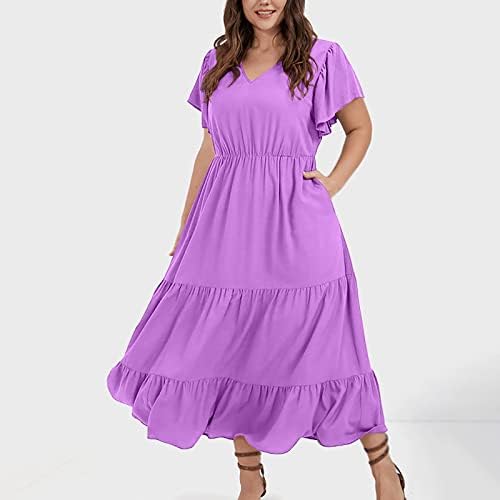 gakvbuo ženske ljetne haljine Plus veličine Casual Ruffles kratki rukav Smocked Waist Maxi haljina A-Line Flowy slojevita Swing haljina