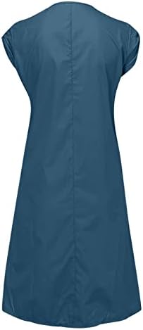 Fragarn Ljeto Maxi haljina, ženska pamučna posteljina od pune boje labavi okrugli vrat kratki džepovi s kratkim rukavima haljina
