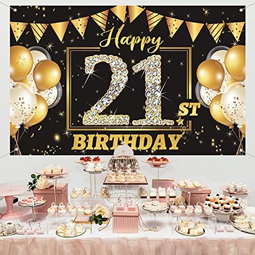 21st Birthday Decorations Backdrop Banner, Happy 21st Birthday Decorations for Her Him, Black Gold Birthday Party photography Background, 21 Birthday Photo Props for Men Women 6ft x 3.6 ft PHXEY