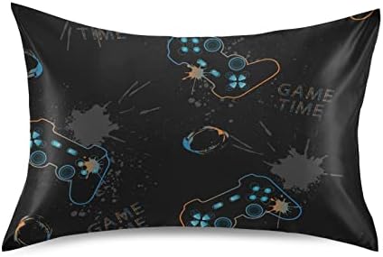 Oyihfvs bešavne džojstike za video igre Gamepad u crno plavom Neonu na crnoj svilenoj satenskoj jastučnici za kosu i kožu, Navlaka za jastuk za meki krevet, ukrasne svilene jastučnice, standardne veličine 20x26 inča