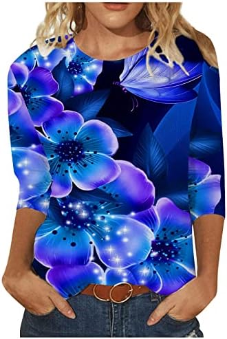 Ženski cvjetni print casual sa sedam point rukava s rukavima Spring Crewneck opušteni fit duksevi vrhovi tuničke majice